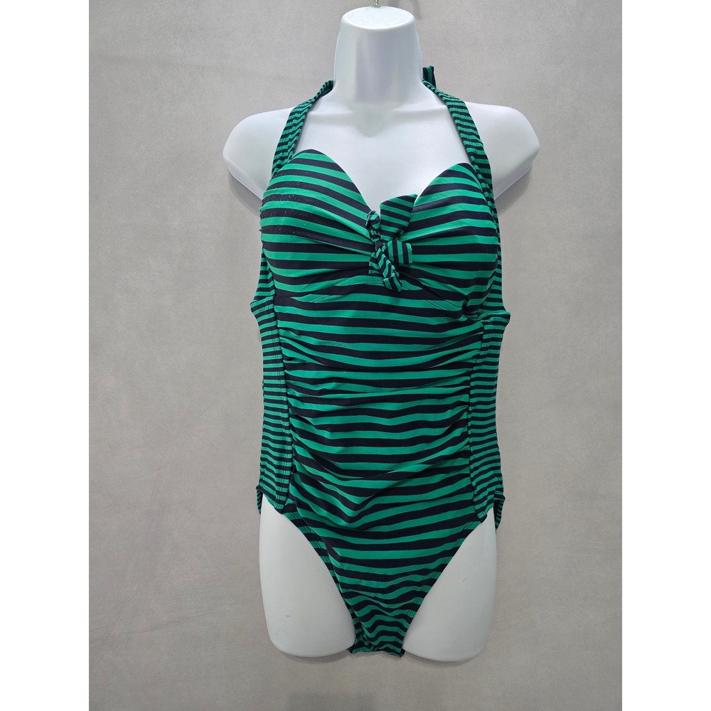 Striped Green Halter One Piece Swimsuit Beach 90s Resort Vacation Merona Large